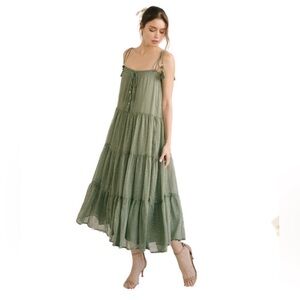 Storia Olive and Gold Metallic Star Maxi Tier Dress